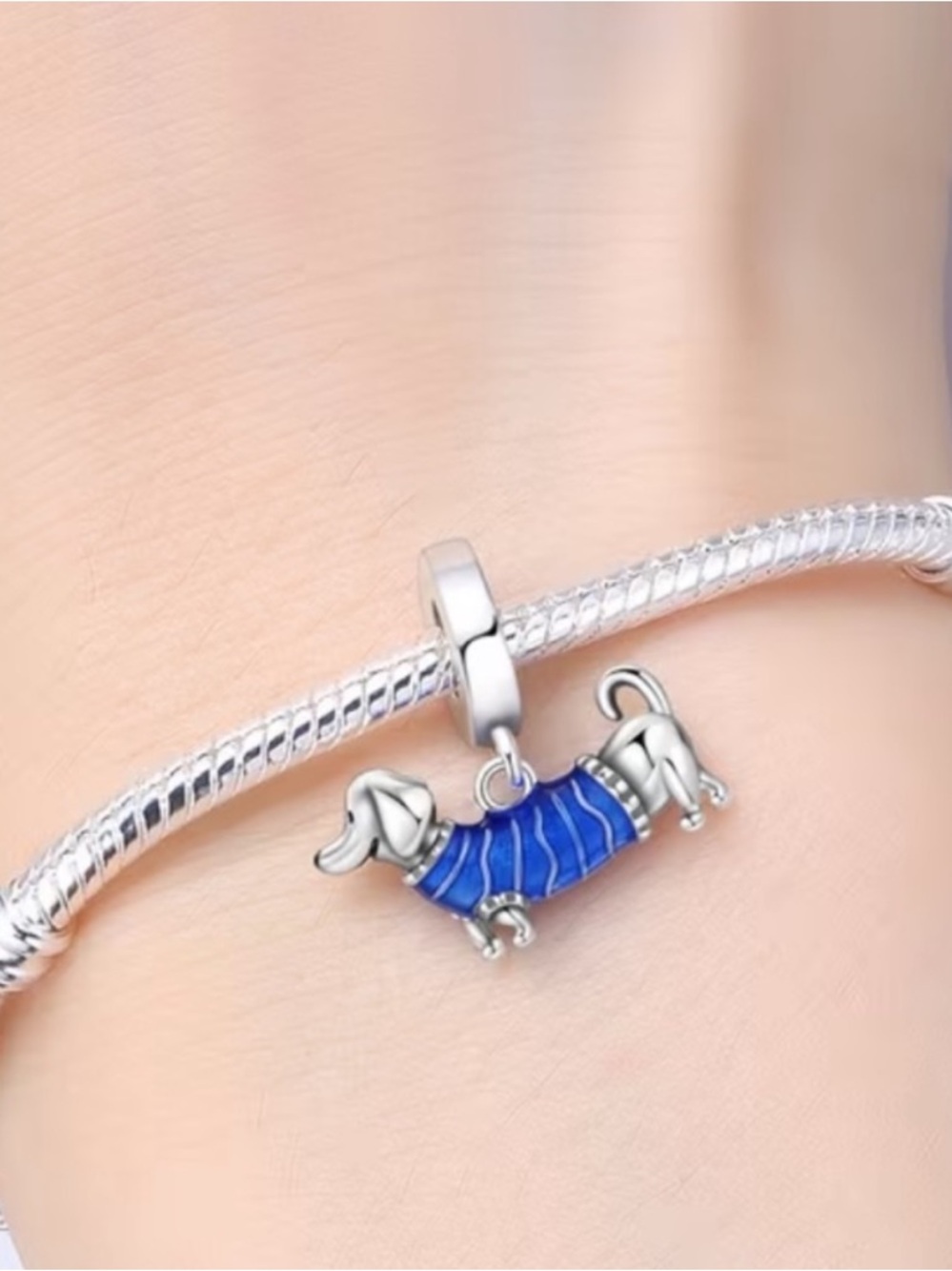 NWT 925 Sterling Silver Dachshund Charm Blue Enamel Dog Bead for Bracelet - Picture 1 of 5